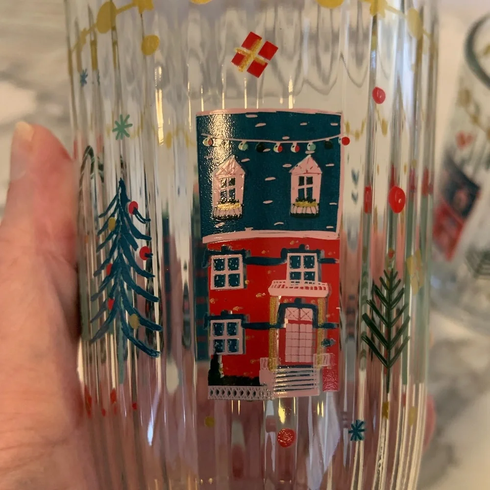 Rakle Holiday Village Christmas Tumblers Set Of 4 Ribbed Glass